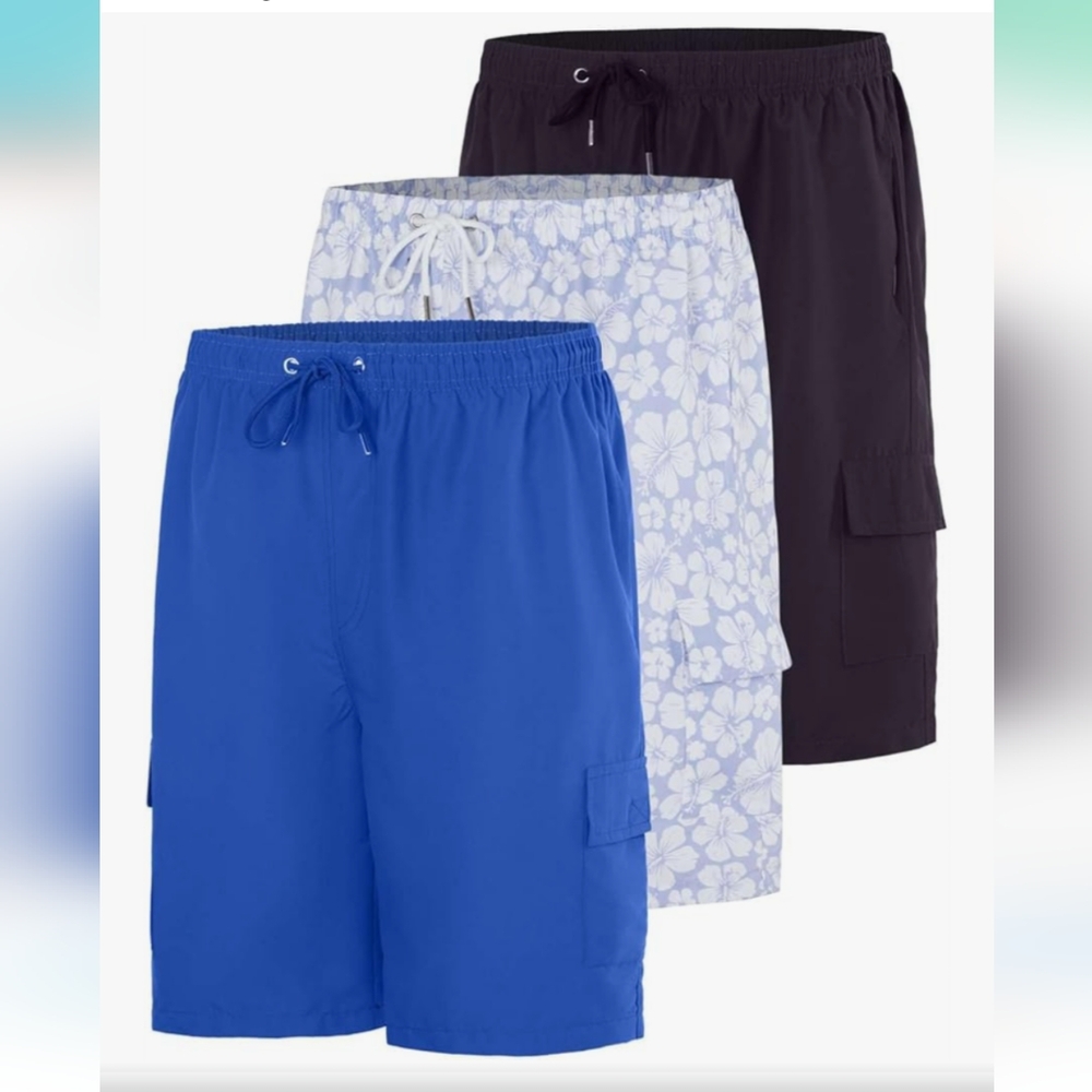 Real Essentials 3 Pack Blue, Black, and Patterned Cargo Mesh  Swim Trunks